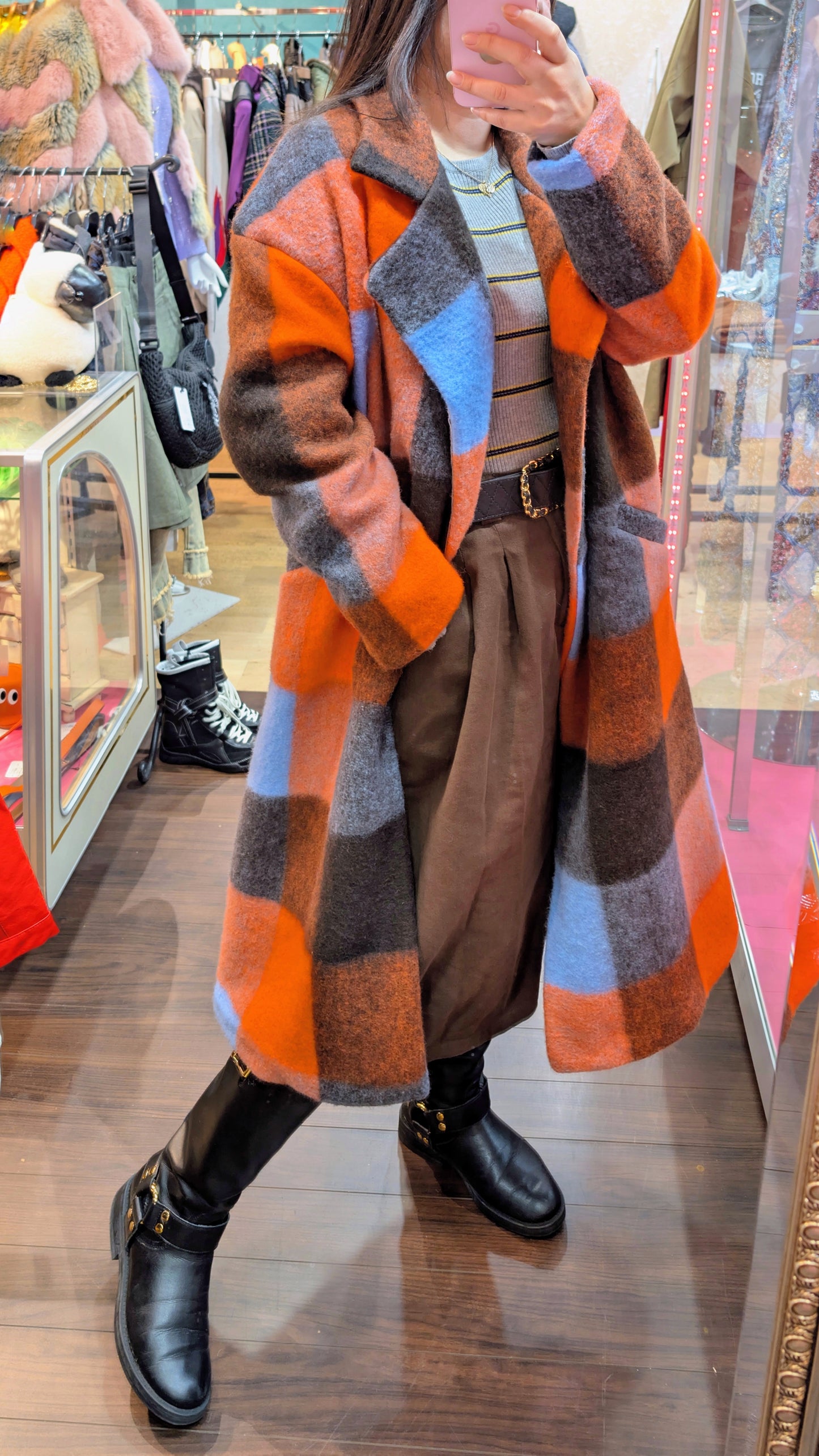 ITALY import ブロックチェック圧縮ウールコート