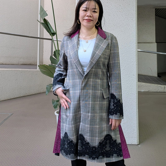 バックラメニットチェックジャケットコート