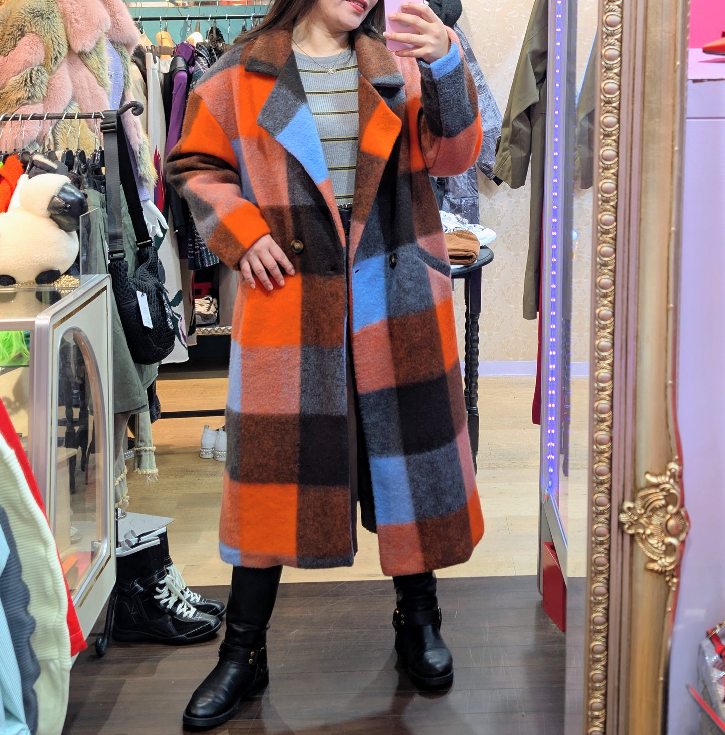 ITALY import ブロックチェック圧縮ウールコート