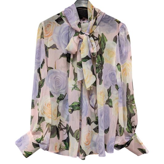 バラ柄シフォンボウタイブラウス