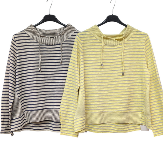 変形フード風ハイネック切替えボーダー七分袖Tシャツ