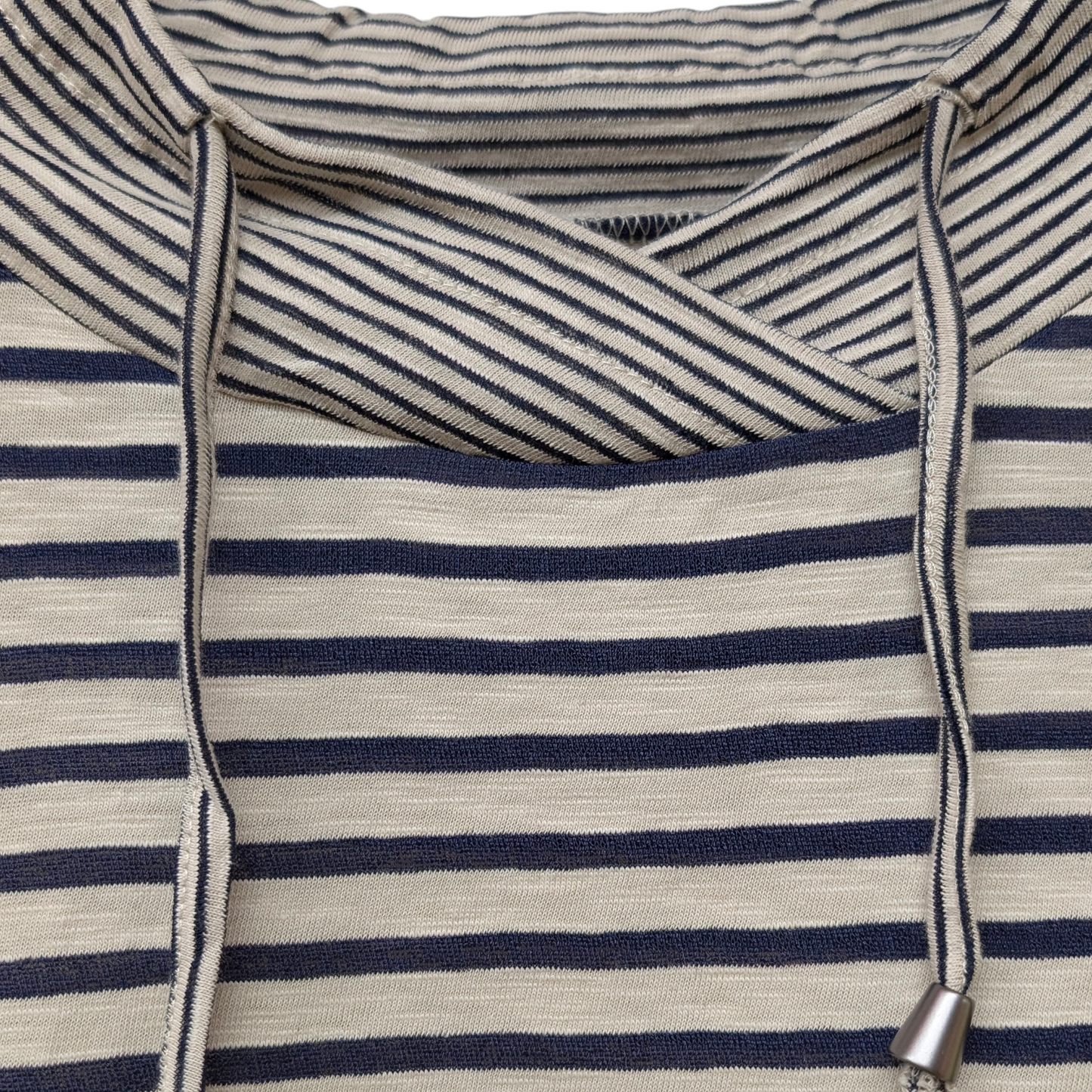 変形フード風ハイネック切替えボーダー七分袖Tシャツ