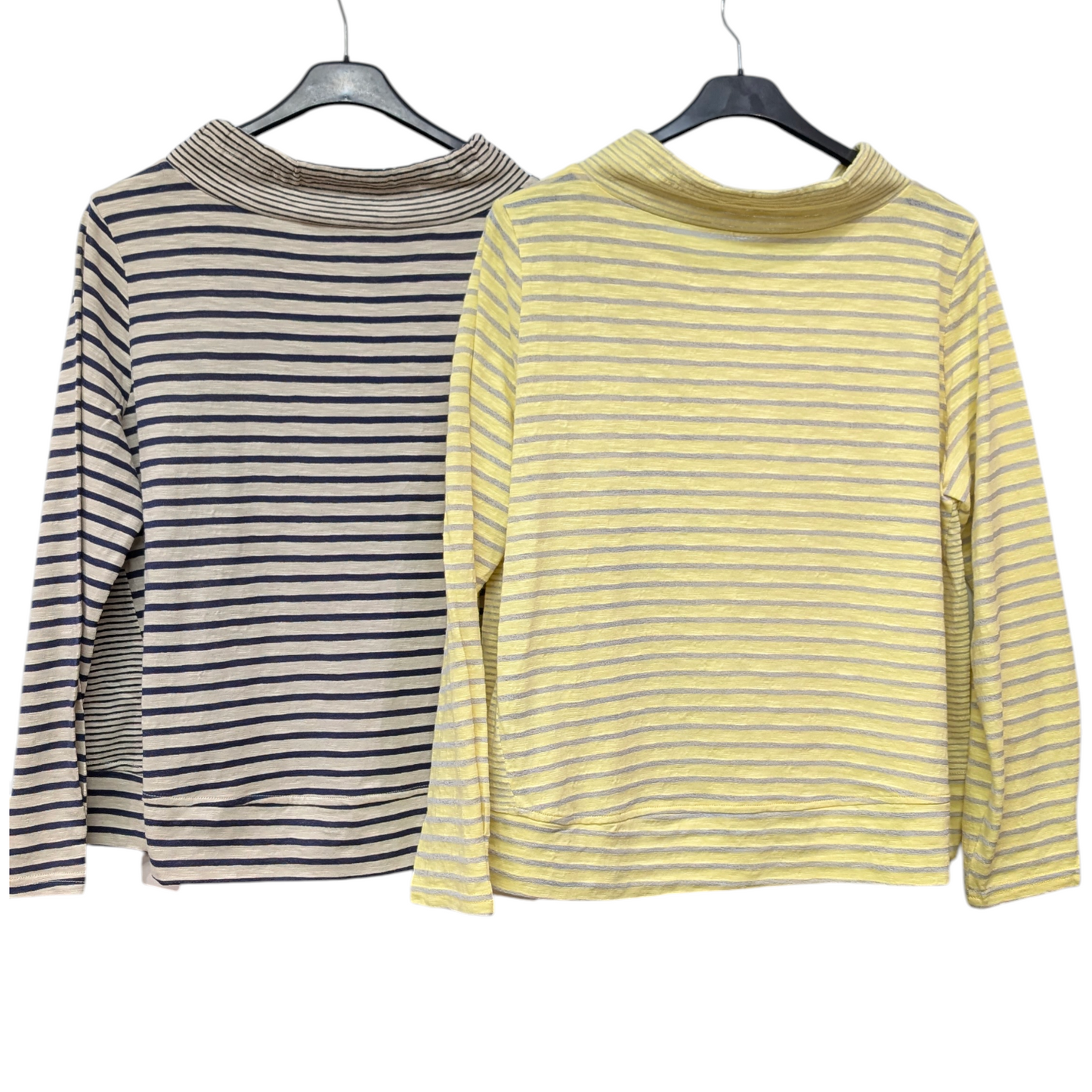 変形フード風ハイネック切替えボーダー七分袖Tシャツ