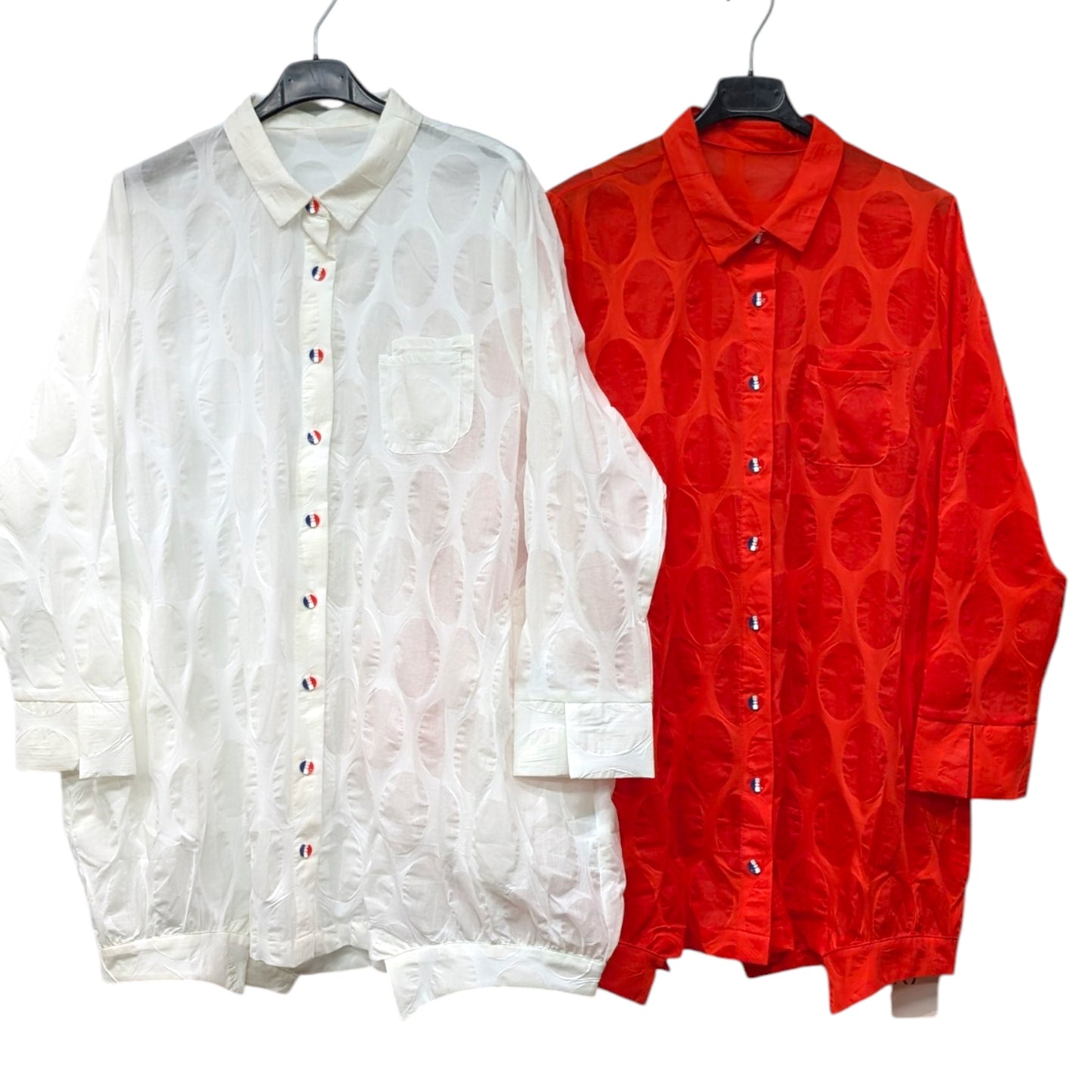 トリコロールボタンサークル柄ロングシャツ