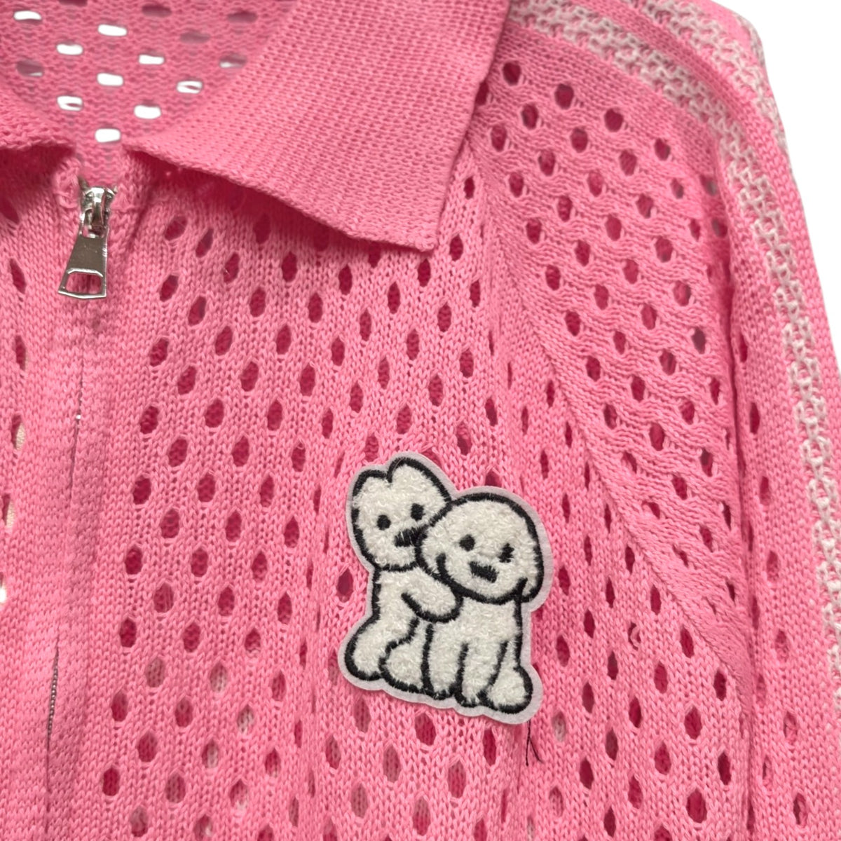 針抜きニット犬ワッペンジップカーディガン