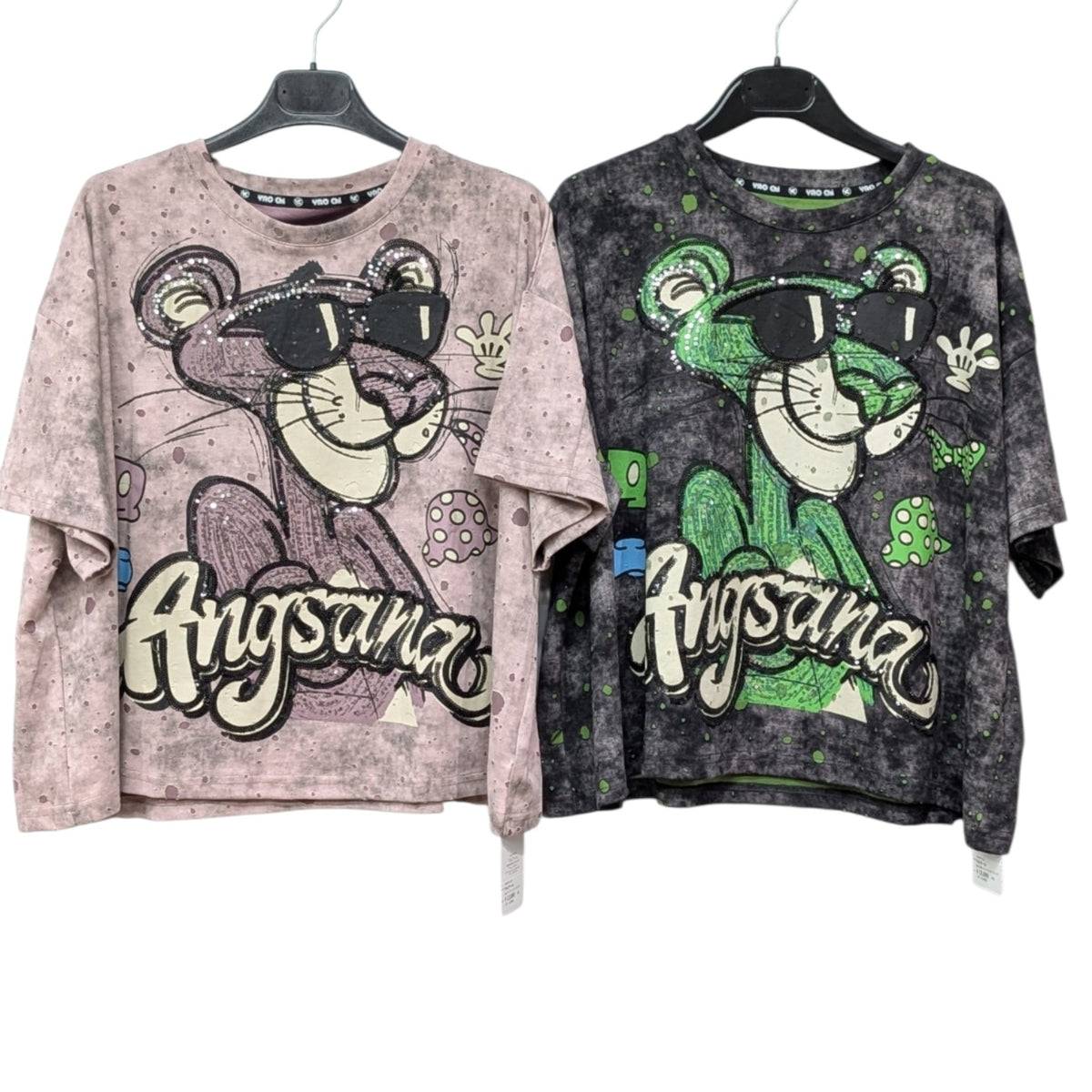 ダメージ加工スパンコールピンクパンサーTシャツ