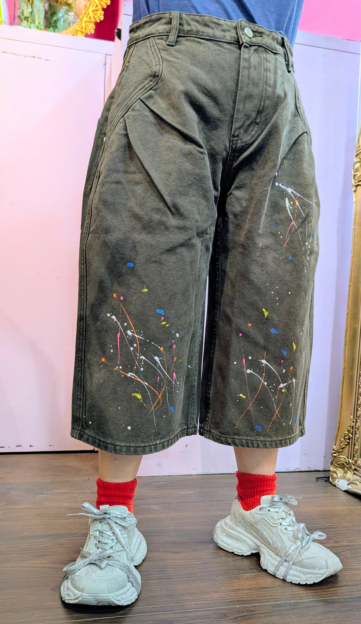 ペイントアクセントバルキーハーフデニムパンツ