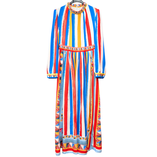 レインボーストライプビジューネックドレス