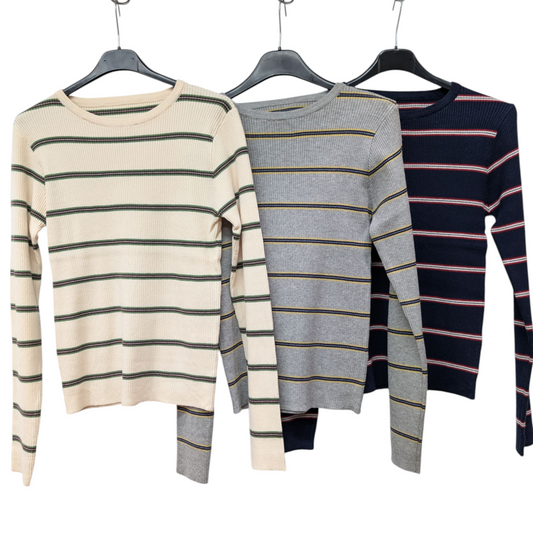 レーヨン混ボーダーリブクルーニット